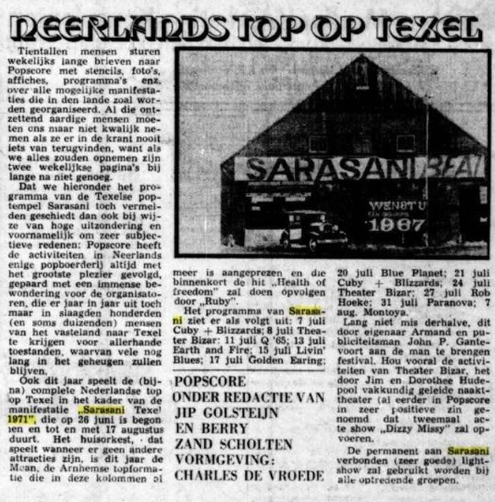 Golden Earring show announcement July 17, 1971 Den Burg (Texel) - Sarasani